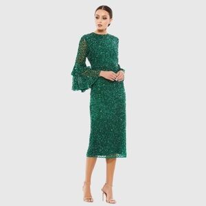 NWT $458 MAC DUGGAL Fully Sequined Ruffle Tiered 3/4 Sleeve Midi Dress 10802